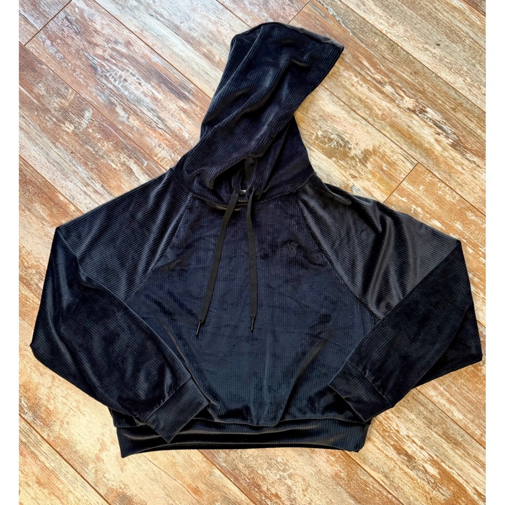 Victoria's Secret Velour Hoodie Womens S Black Ribbed Pullover Y2K Embroidered